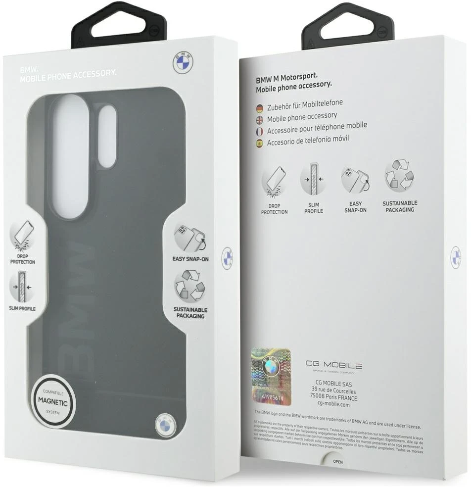 Dėklas BMW Leather Hot Stamp MagSafe Samsung Galaxy S26 Ultra juodos spalvos