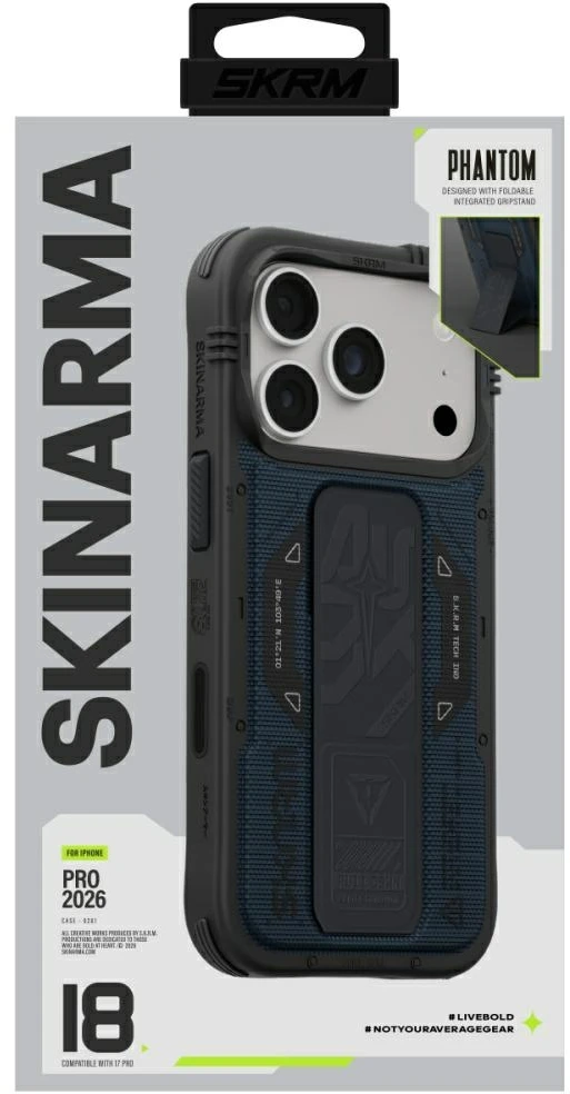 Dėklas Skinarma Phantom MagSafe + Grip Stand, skirtas iPhone 18 Pro / 17 Pro, mėlynas