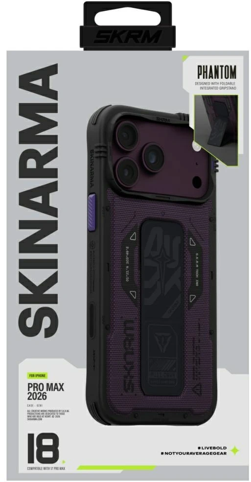 Dėklas Skinarma Phantom MagSafe + Grip Stand, skirtas iPhone 18 Pro Max / 17 Pro Max, bordo spalvos