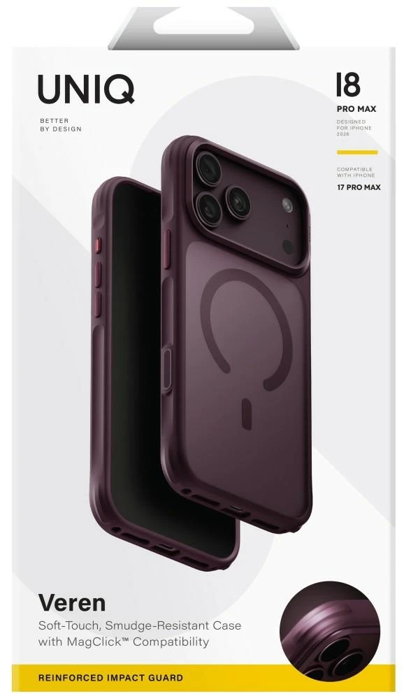 Dėklas UNIQ Veren, skirtas iPhone 18 Pro Max / 17 Pro Max, su Magclick įkrovimo funkcija, bordo spalvos