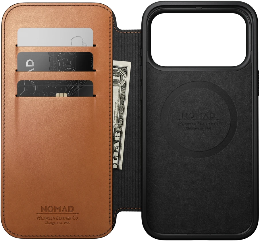 Dėklas Cases and Covers - Flip Nomad Modern Leather Folio, saddle (Horween) – iPhone 18 Pro Max/17 Pro Max