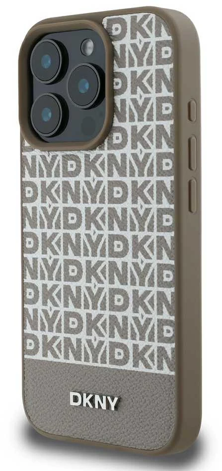 Dėklas DKNY PU odos kartotinio rašto apatinė juostelė MagSafe Apple iPhone 16 Pro Brown