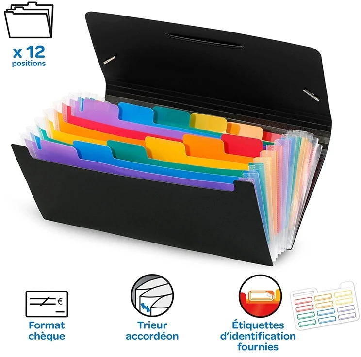 Dėklas dokumentams Viquel Rainbow, 26×13,5cm, 12 skyrelių, su gumelėmis, plastikinis, juodos spalvos