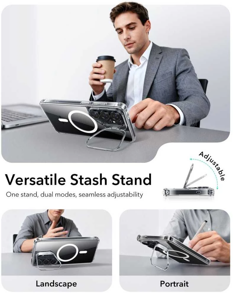 Dėklas ESR klasikinis hibridinis stovas „Kickstand MagSafe“ Samsung Galaxy S26 Ultra telefonui, skaidrus