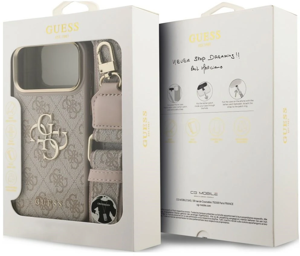 Dėklas Guess 4G Big 4G Classic Logo Big su dirželiu ir metalinėmis sagomis, skirtas iPhone 18 Pro / 17 Pro, rožinis