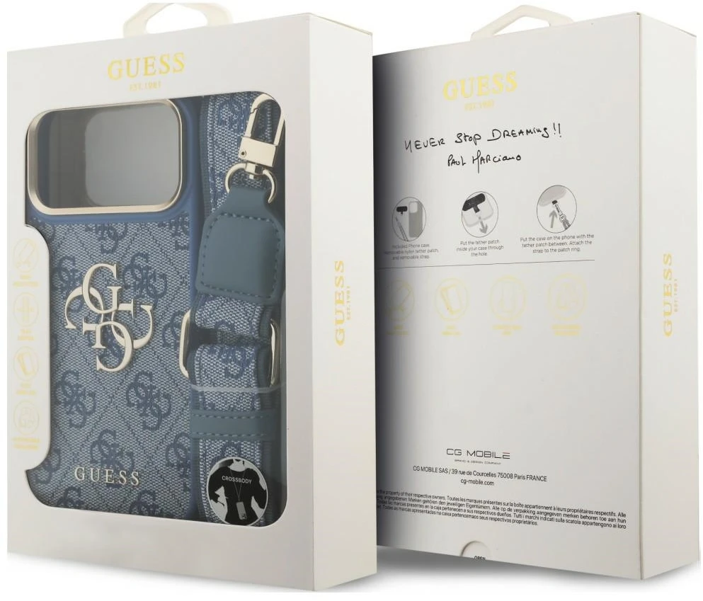 Dėklas Guess 4G Big 4G Classic Logo Big Strap Metal Mygtukai, skirtas iPhone 18 Pro Max / 17 Pro Max, mėlynas
