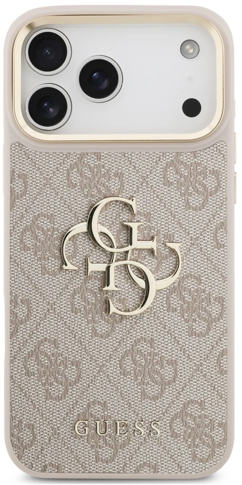 Dėklas Guess 4G Big 4G Classic Logo Big su dirželiu ir metalinėmis sagomis, skirtas iPhone 18 Pro / 17 Pro, rožinis