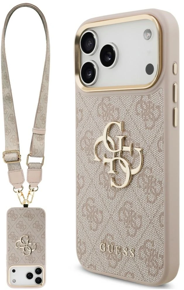 Dėklas Guess 4G Big 4G Classic Logo Big su dirželiu ir metalinėmis sagomis, skirtas iPhone 18 Pro / 17 Pro, rožinis