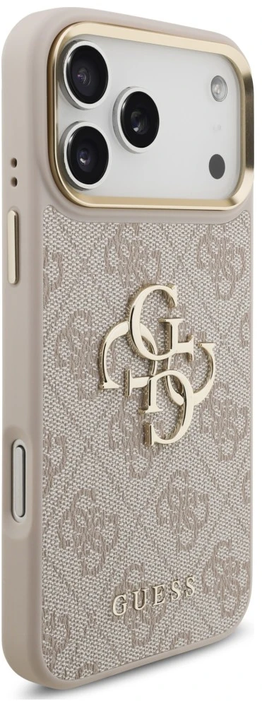 Dėklas Guess 4G Big 4G Classic Logo Big su dirželiu ir metalinėmis sagomis, skirtas iPhone 18 Pro / 17 Pro, rožinis