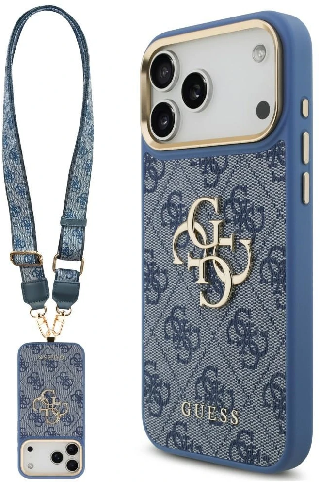Dėklas Guess 4G Big 4G Classic Logo Big Strap Metal Mygtukai, skirtas iPhone 18 Pro Max / 17 Pro Max, mėlynas
