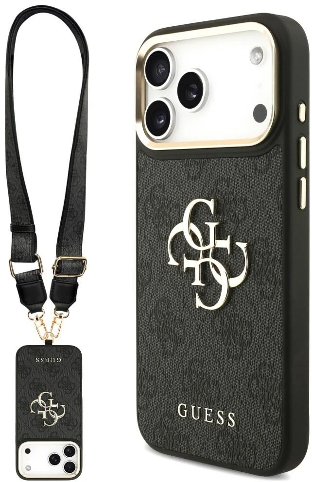Dėklas Guess 4G Big 4G Classic Logo Big Strap Metal Mygtukai, skirtas iPhone 18 Pro Max / 17 Pro Max, juodas