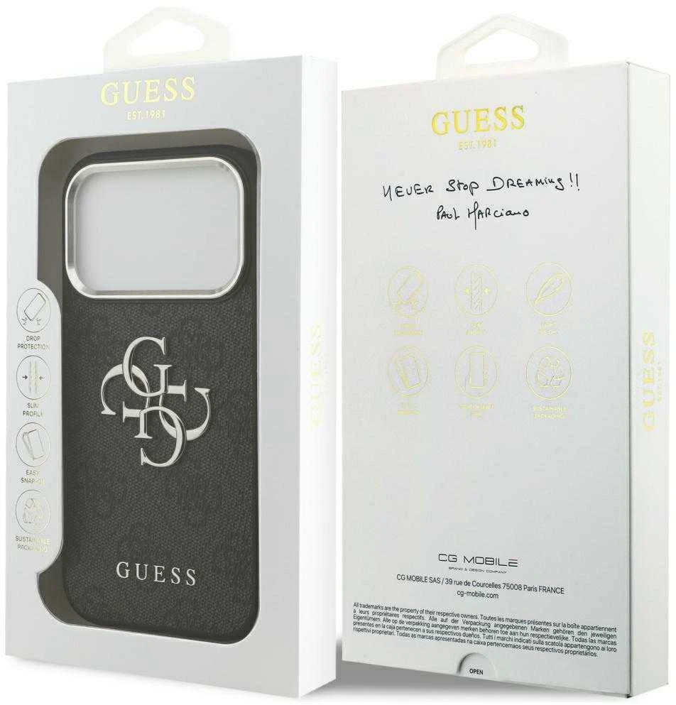 Dėklas GUESS case for IPHONE 17 Pro Max GUHCP17XP4G4SMCK (PU W/ Big 4G Classic Logo) sidabrinis juodas