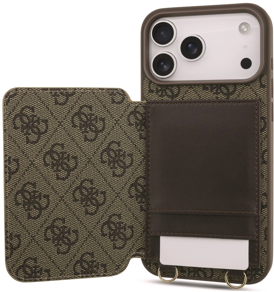 Dėklas Guess 4G Cardslots & Magnetic Closure Crossbody, skirtas iPhone 18 Pro / 17 Pro, rudas