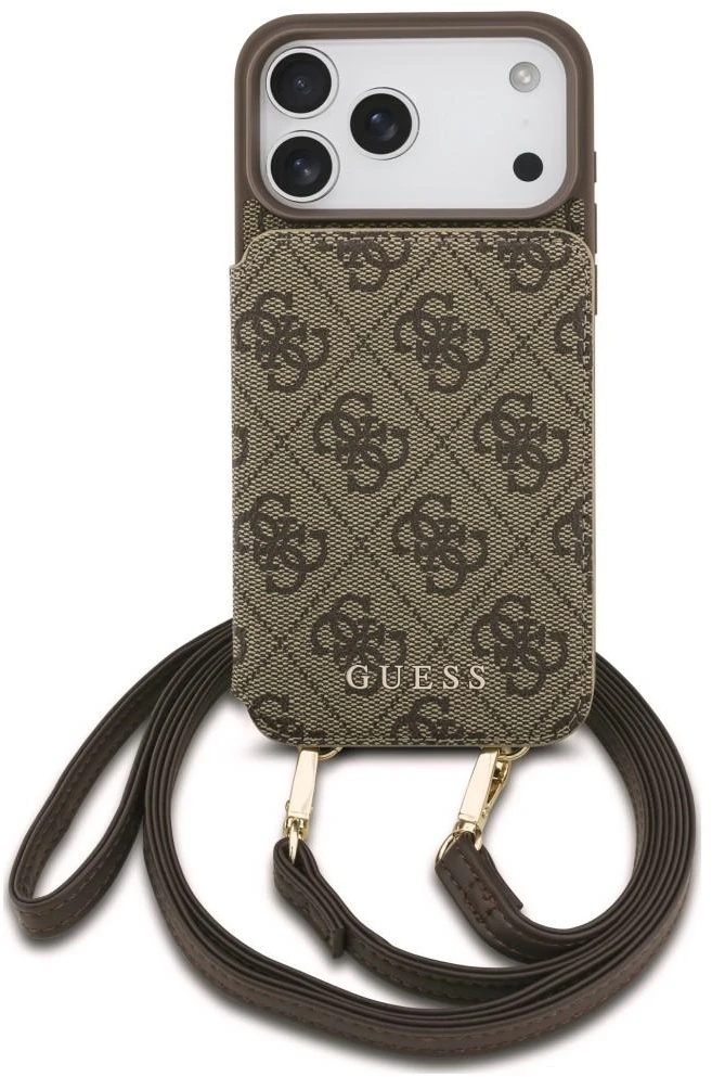 Dėklas Guess 4G Cardslots & Magnetic Closure Crossbody, skirtas iPhone 18 Pro / 17 Pro, rudas
