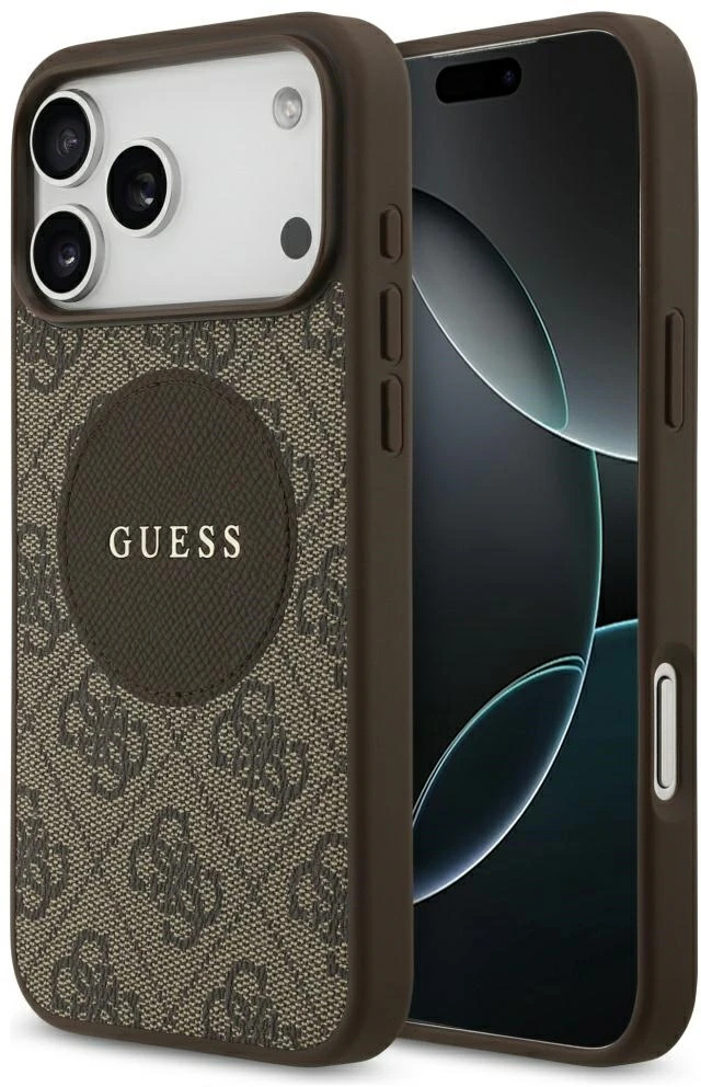 Original dėklas GUESS 4G Circle Classic Logo MagSafe skirtas Apple iPhone 17 Pro Max rudos spalvos