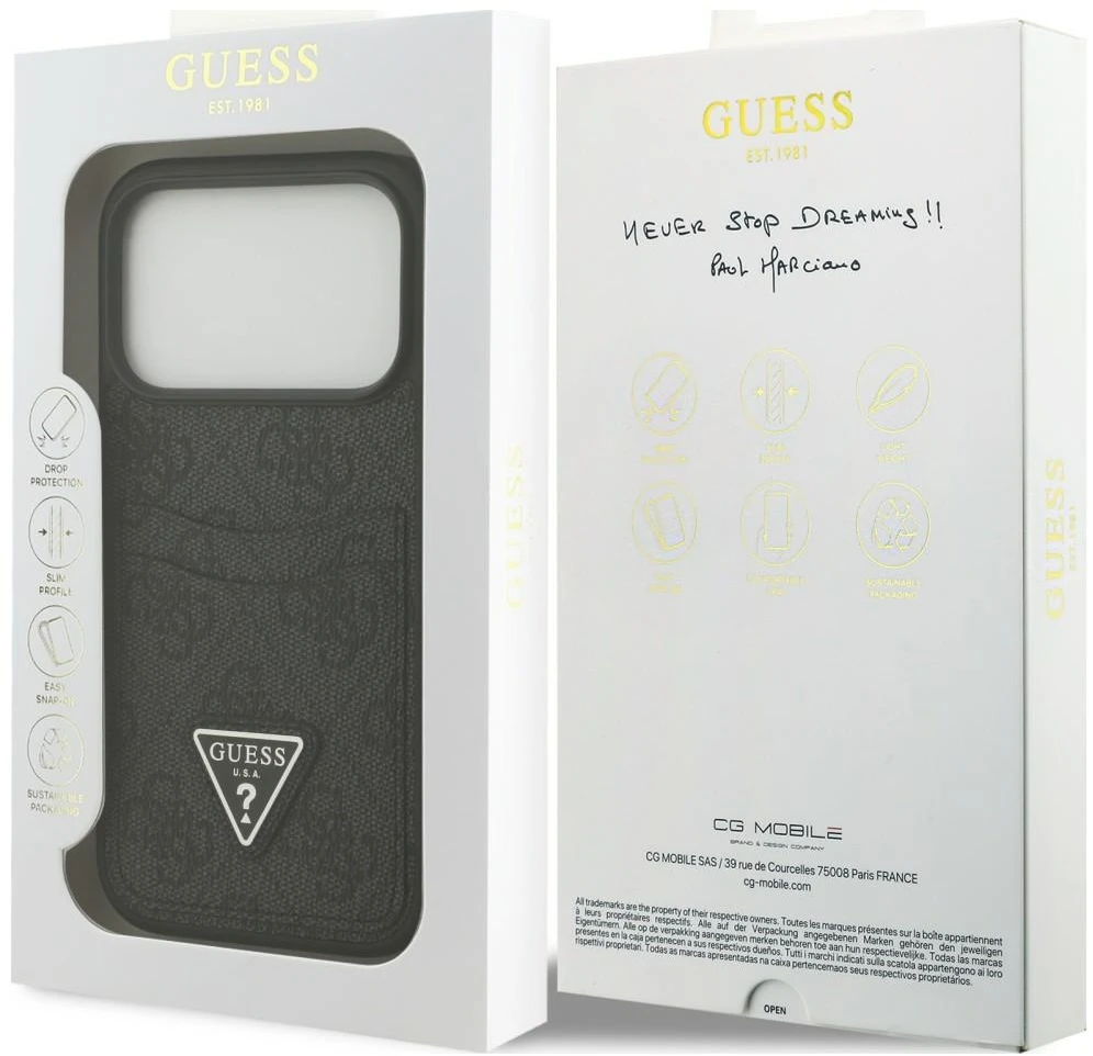 Dėklas Guess 4G Double Card Triangle, skirtas iPhone 18 Pro / 17 Pro, juodas