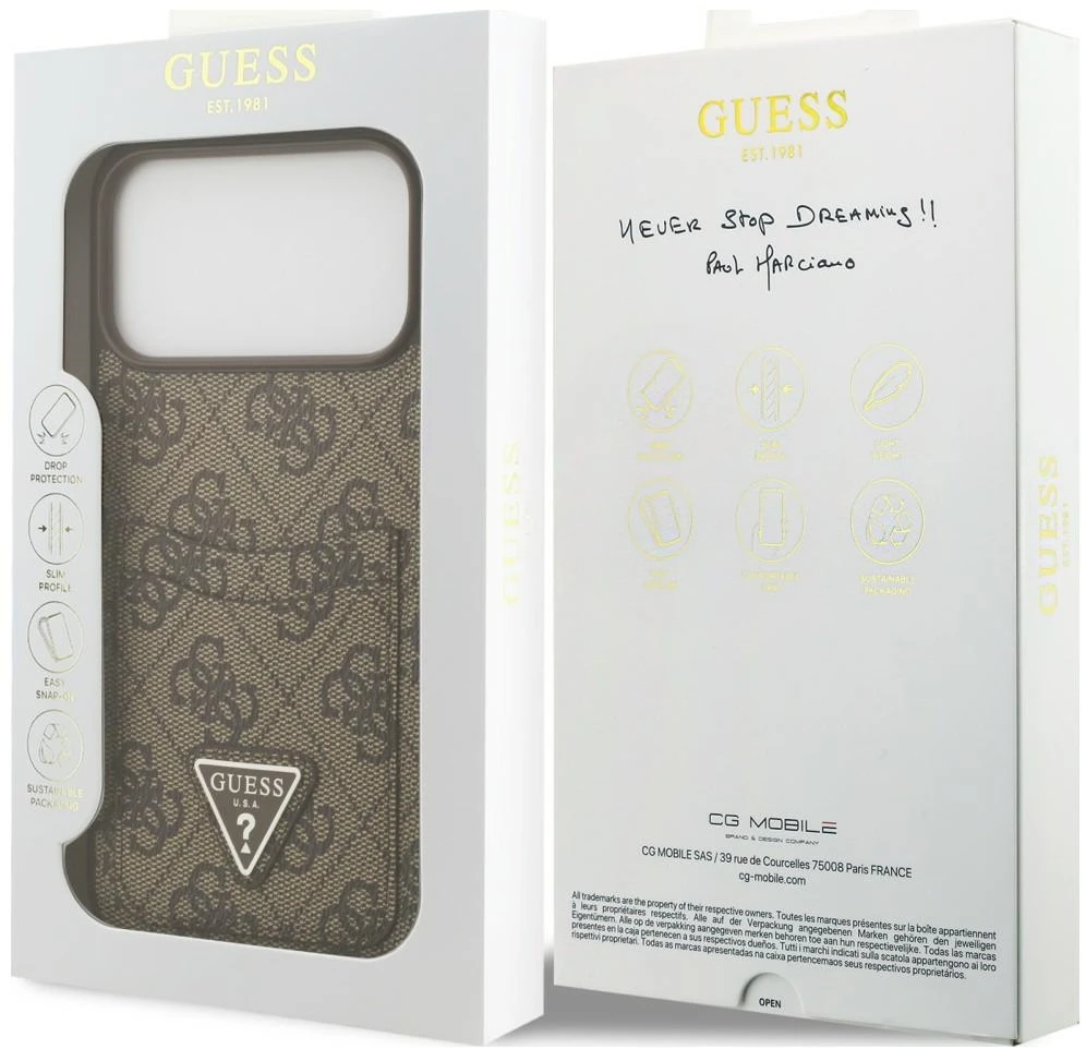 Dėklas Guess 4G Double Card Triangle, skirtas iPhone 18 Pro Max / 17 Pro Max, rudas