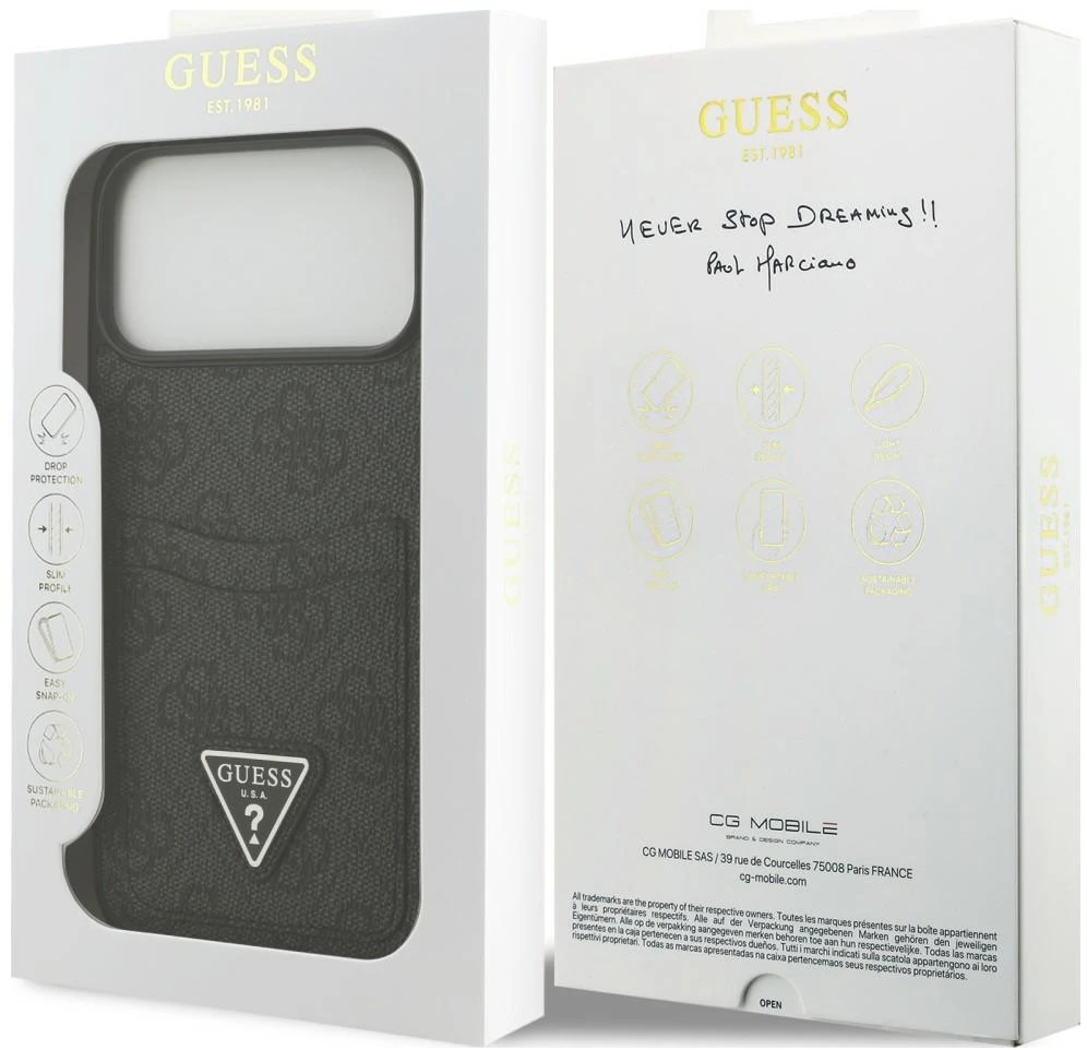 Dėklas Guess 4G Double Card Triangle, skirtas iPhone 18 Pro Max / 17 Pro Max, juodas
