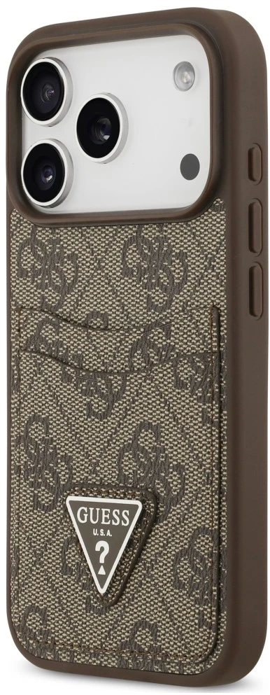 Dėklas Guess 4G Double Card Triangle, skirtas iPhone 18 Pro / 17 Pro, rudas
