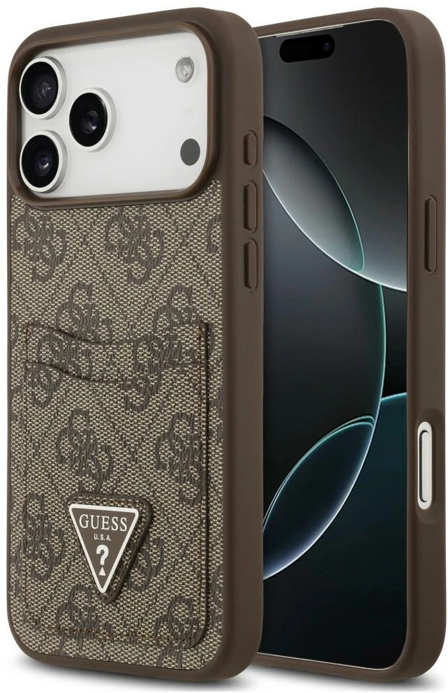 Dėklas Guess 4G Double Card Triangle, skirtas iPhone 18 Pro Max / 17 Pro Max, rudas
