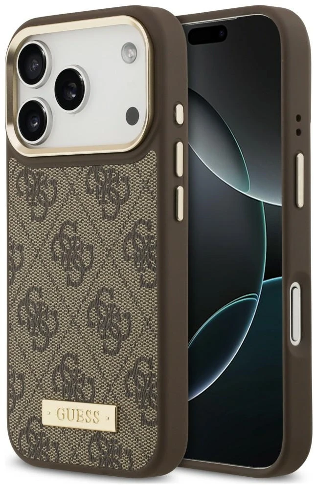 Dėklas Guess 4G Logo Plate MagSafe, skirtas iPhone 18 Pro / 17 Pro, rudas