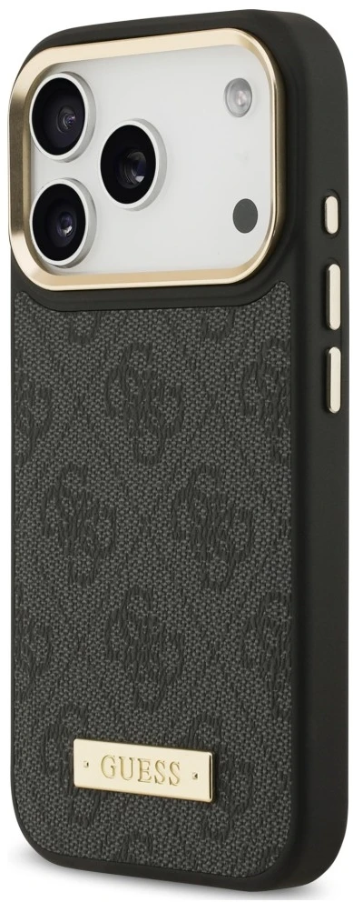 Dėklas Guess 4G Logo Plate MagSafe, skirtas iPhone 18 Pro / 17 Pro, juodas