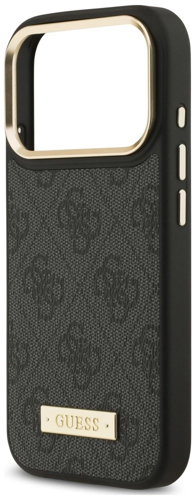 Dėklas Guess 4G Logo Plate MagSafe, skirtas iPhone 18 Pro / 17 Pro, juodas