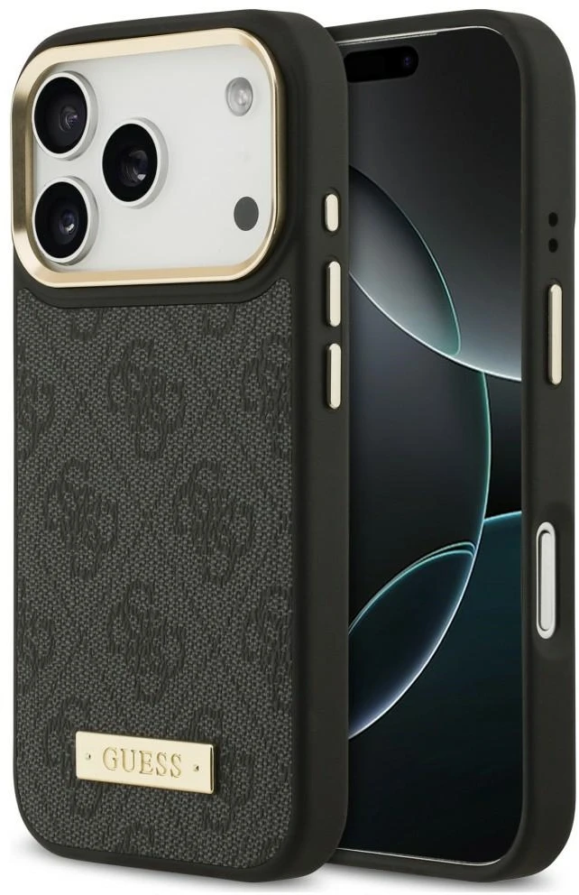 Dėklas Guess 4G Logo Plate MagSafe, skirtas iPhone 18 Pro / 17 Pro, juodas