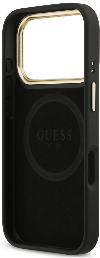 Dėklas Guess 4G Logo Plate MagSafe, skirtas iPhone 18 Pro / 17 Pro, juodas