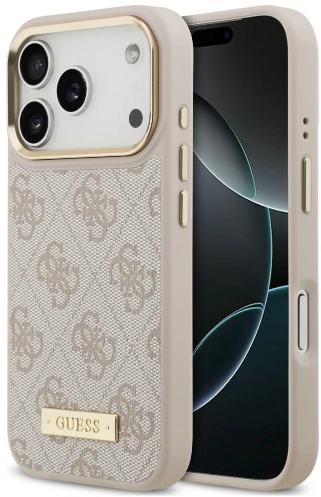 Dėklas Guess 4G Logo Plate MagSafe, skirtas iPhone 18 Pro / 17 Pro, rožinis