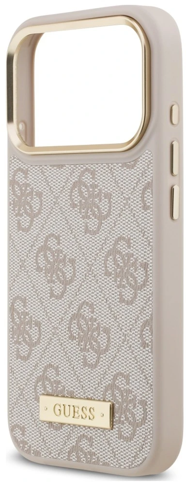 Dėklas Guess 4G Logo Plate MagSafe, skirtas iPhone 18 Pro / 17 Pro, rožinis