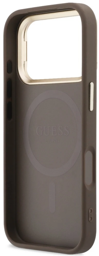 Dėklas Guess 4G PU Triangle Logo & Stand su kamera ir Magsafe funkcija, skirtas iPhone 18 Pro Max / 17 Pro Max, rudas