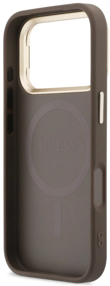 Dėklas Guess 4G PU Triangle Logo & Stand Camera Magsafe, skirtas iPhone 18 Pro / 17 Pro, rudas