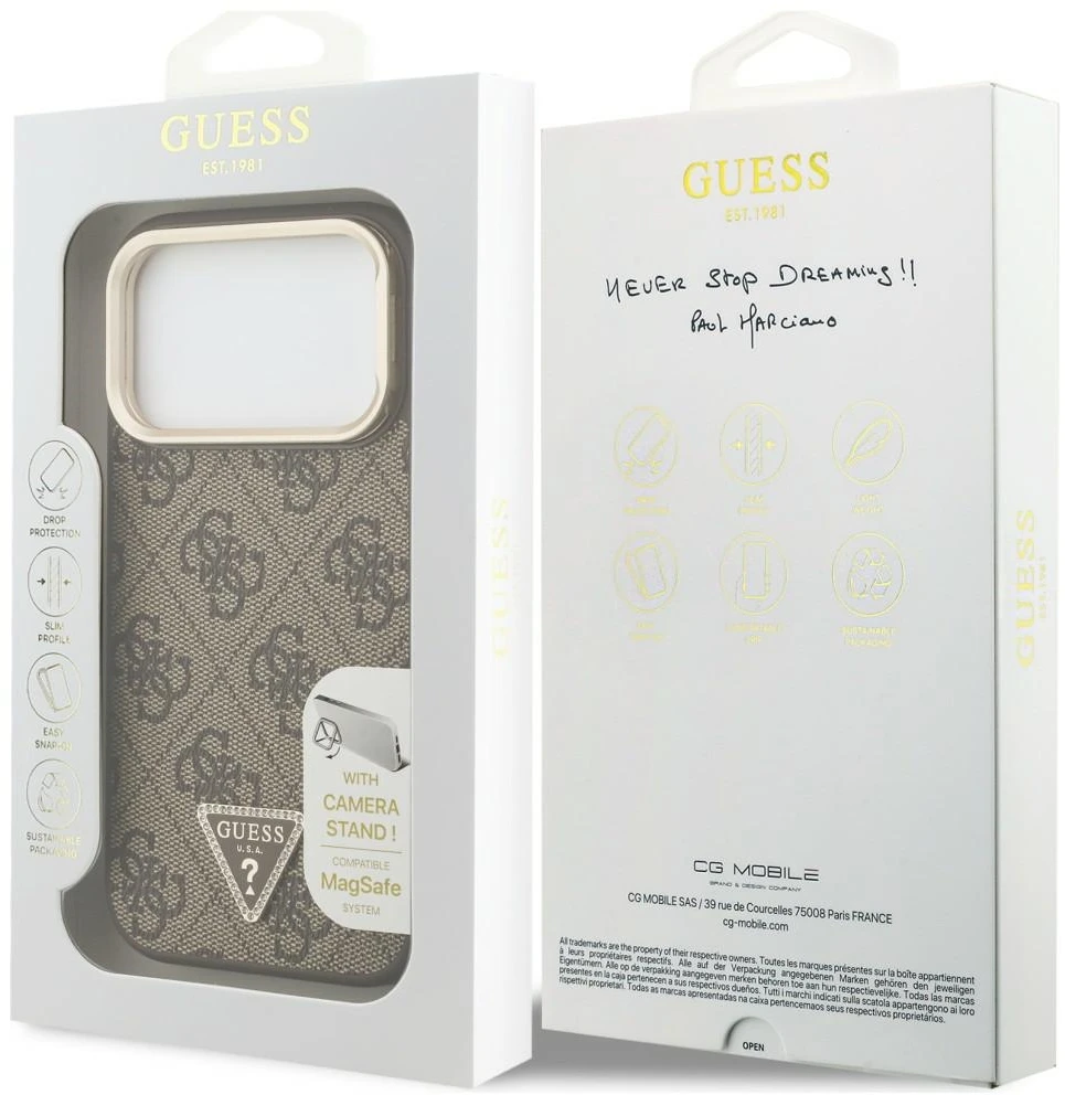 Dėklas Guess 4G PU Triangle Logo & Stand Camera Magsafe, skirtas iPhone 18 Pro / 17 Pro, rudas
