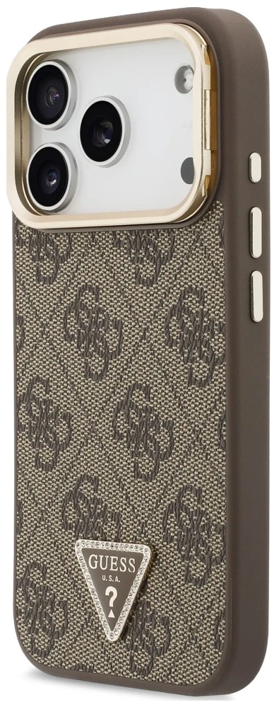Dėklas Guess 4G PU Triangle Logo & Stand su kamera ir Magsafe funkcija, skirtas iPhone 18 Pro Max / 17 Pro Max, rudas