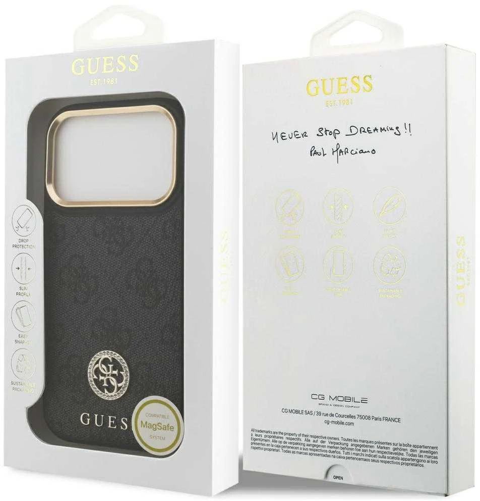 GUESS dėklas, skirtas IPHONE 17 Pro, suderinamas su MagSafe GUHMP17LP4GRMDEK (PU W/ 4G Strass Logo) juodas
