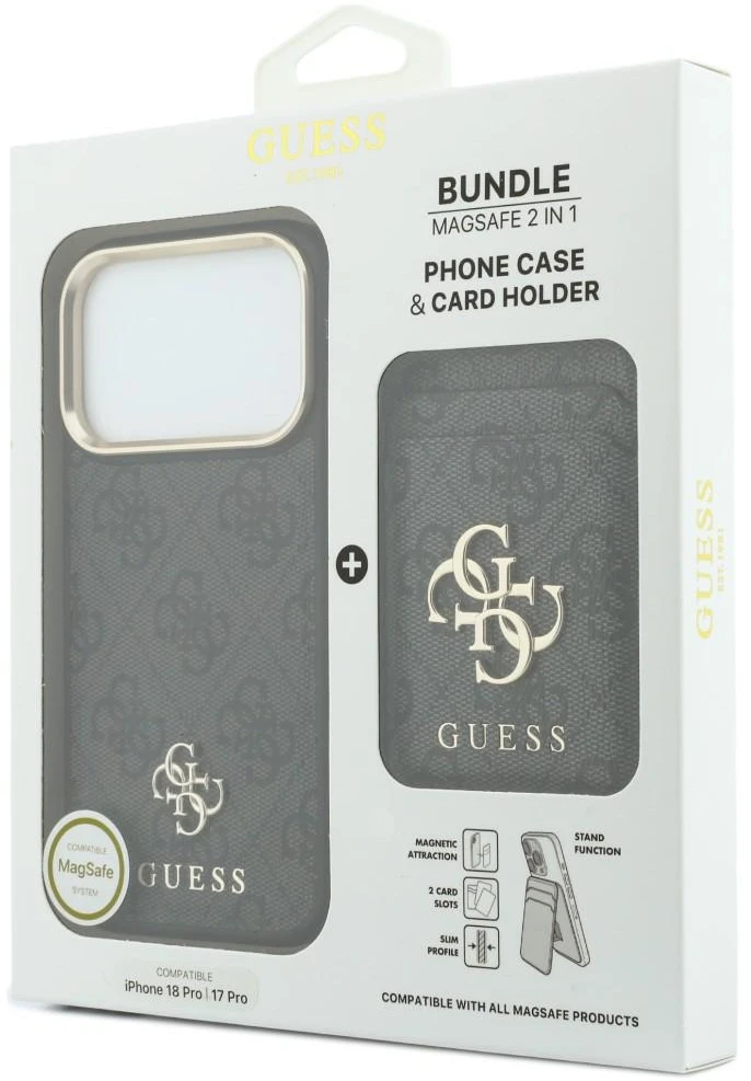 Dėklas Guess 4G su Magsafe pinigine, skirtas iPhone 18 Pro / 17 Pro, juodas