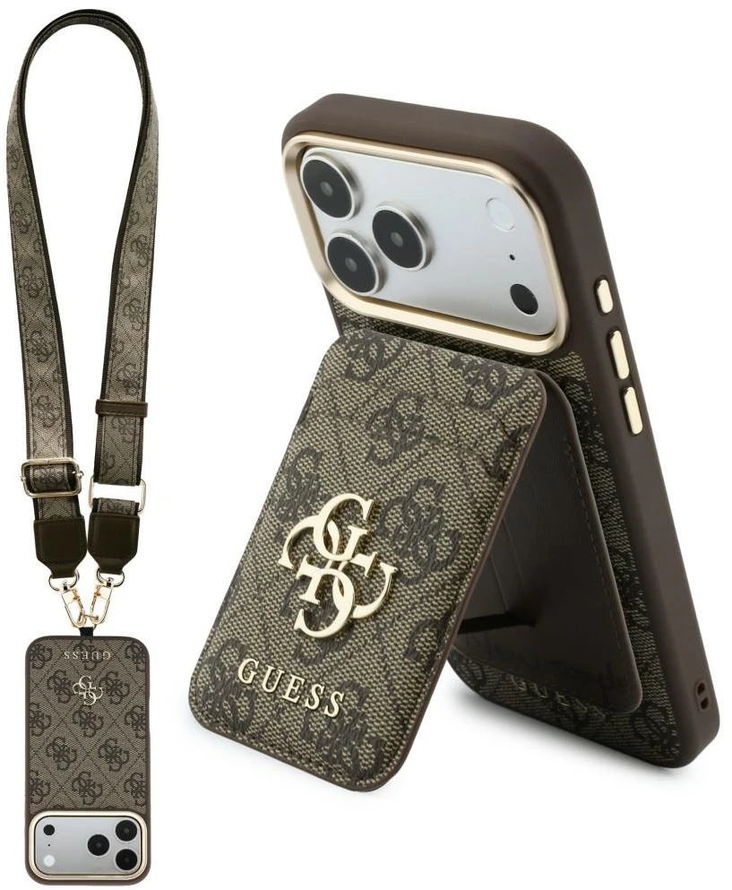 Dėklas Guess 4G su pinigine ir dirželiu Magsafe, skirtas iPhone 18 Pro Max / 17 Pro Max, rudas