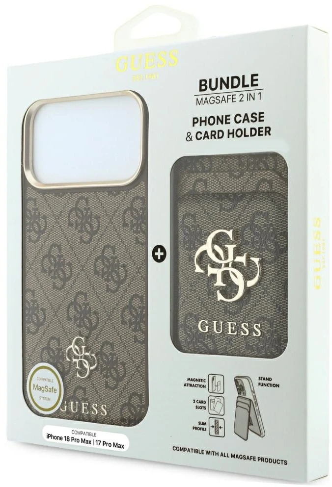 Dėklas Guess 4G su pinigine Magsafe, skirtas iPhone 18 Pro Max / 17 Pro Max, rudas