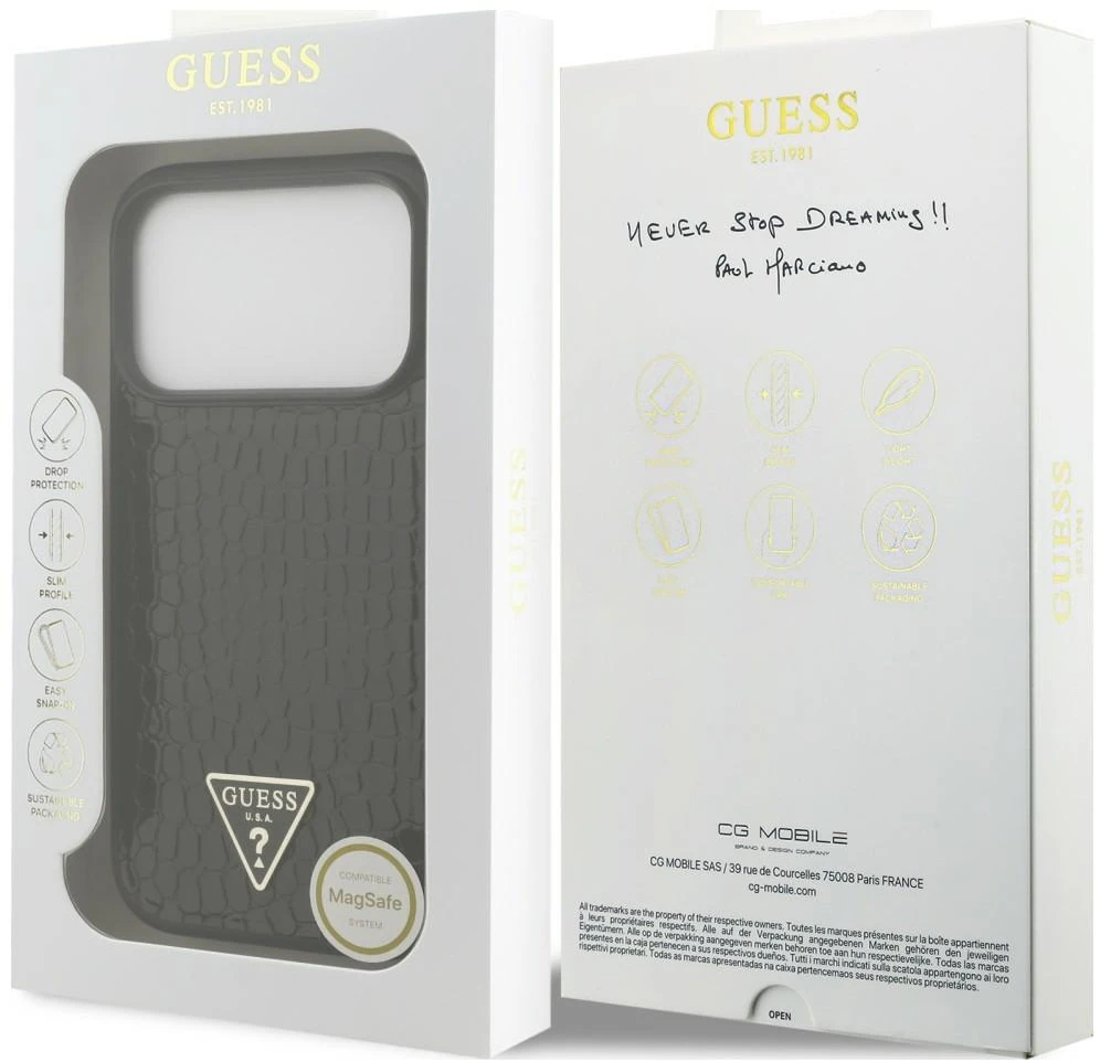 Dėklas Guess Croco Triangle Logo MagSafe, skirtas iPhone 18 Pro Max / 17 Pro Max, juodas