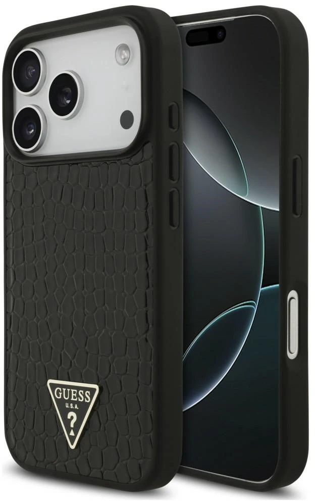 Dėklas Guess Croco Triangle Logo MagSafe, skirtas iPhone 18 Pro / 17 Pro, juodas