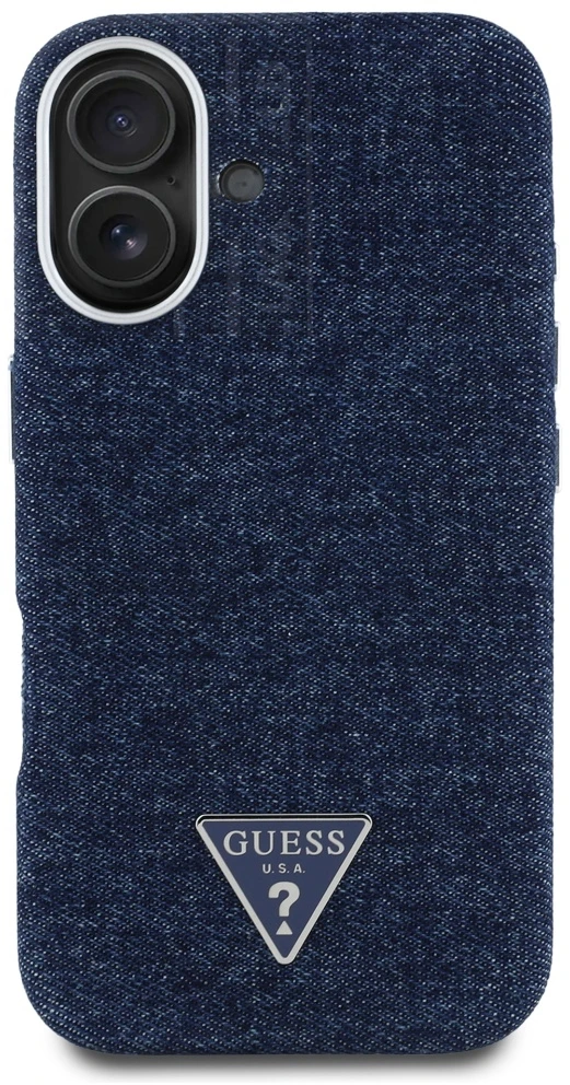 Guess Denim Triangle Logo MagSafe iPhone 16 Dėklas - Mėlyna