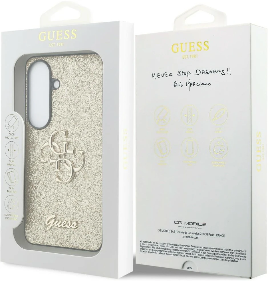 Dėklas Guess Fixed Glitter Big 4G Metal Logo Samsung Galaxy S26 auksinis