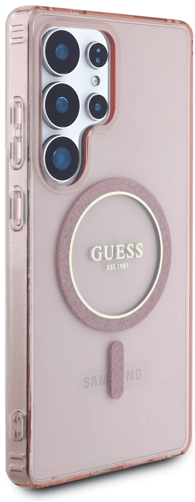 Dėklas Guess Glitter Circle Classic Logo MagSafe for Samsung Galaxy S25 Ultra pink