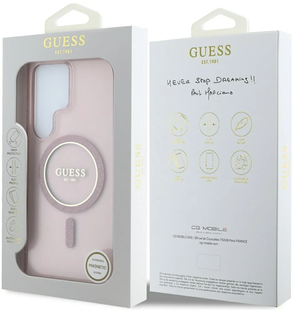 Dėklas Guess Glitter Circle Classic Logo MagSafe for Samsung Galaxy S25 Ultra pink