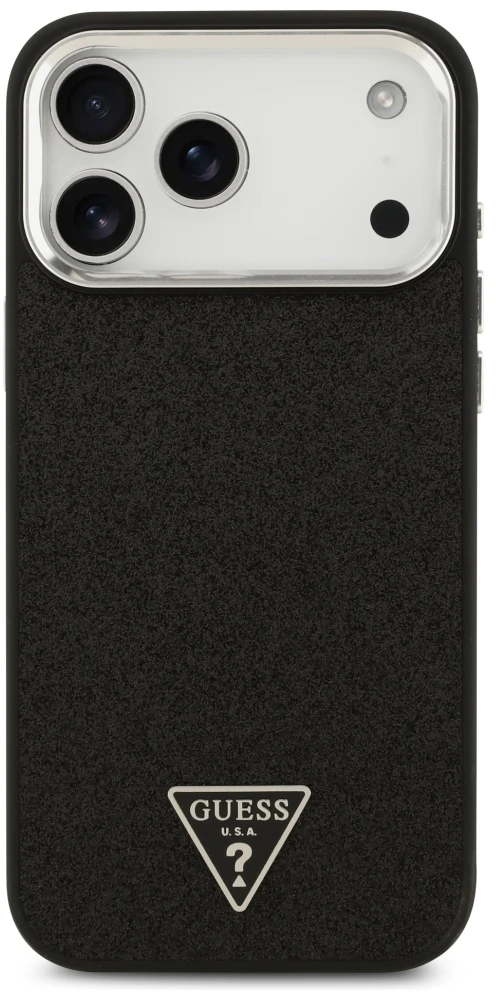 Dėklas Guess Glitter Triangle Logo MagSafe Apple iPhone 17 Pro Max juodos spalvos