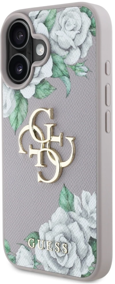 Dėklas Guess Grained Roses Big 4G logo Apple iPhone 16 violetinės spalvos