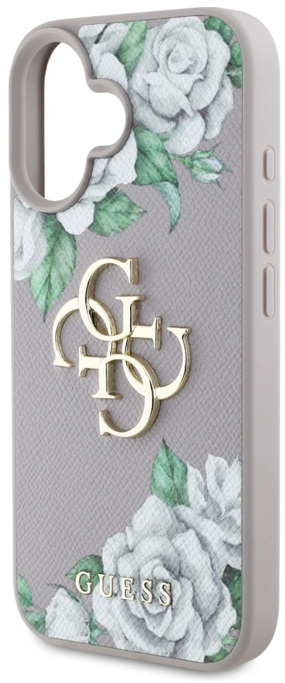 Dėklas Guess Grained Roses Big 4G logo Apple iPhone 16 violetinės spalvos