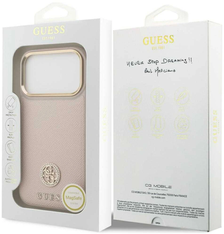 GUESS dėklas, skirtas IPHONE 17 Pro, suderinamas su „MagSafe“ GUHMP17LPGCRMDEP (PU su grūdėtu juodu logotipu), rožinis