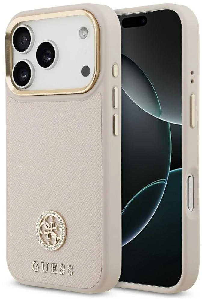GUESS dėklas, skirtas IPHONE 17 Pro, suderinamas su „MagSafe“ GUHMP17LPGCRMDEP (PU su grūdėtu juodu logotipu), rožinis